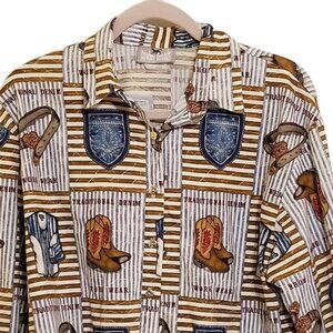 Cowboy Threads Vintage Womens Shirt L Long Sleeve Button Collar Boots Belts